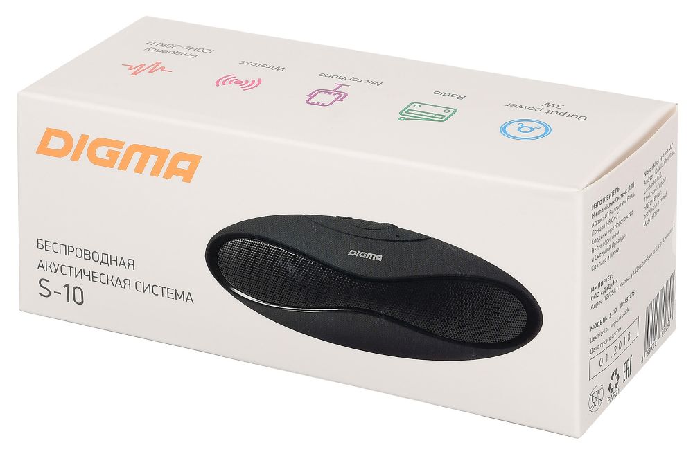 Колонки Digma S-10 (3W, портативные, аккумулятор, Bluetooth, микрофон, громкая связь, AUX, USB, MicroSD, FM, MP3, black-red)