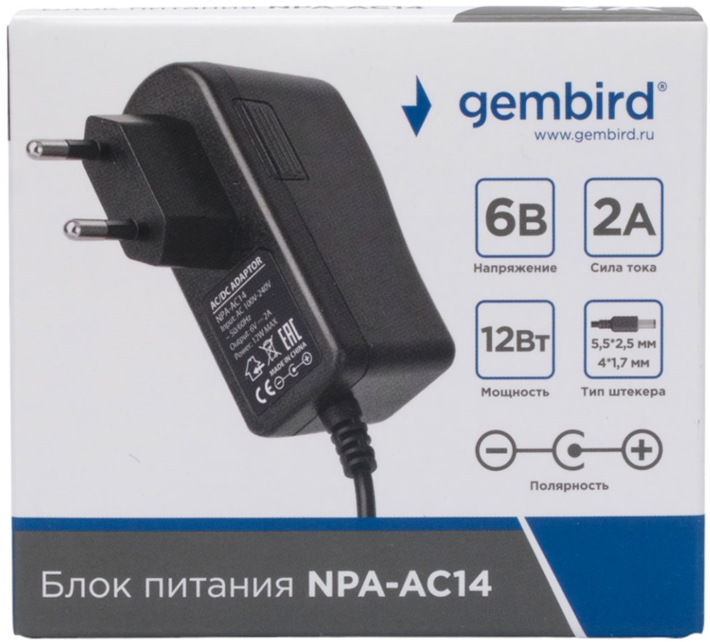 Блок питания Gembird NPA-AC14 (вход 100-240V, выход 6V - 2A, 12W, 2 штекера 5.5х2.5mm / 4x1.7mm, кабель 1m, black)