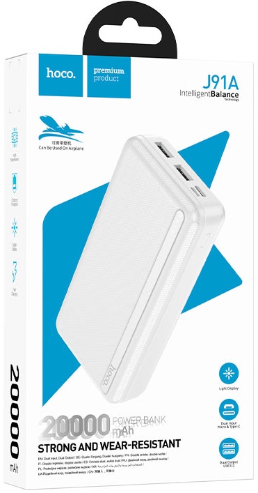 Внешний аккумулятор hoco J91A (литий-полимерный, 20000mAh, 2*USB 2.1A, вход 2A, white)