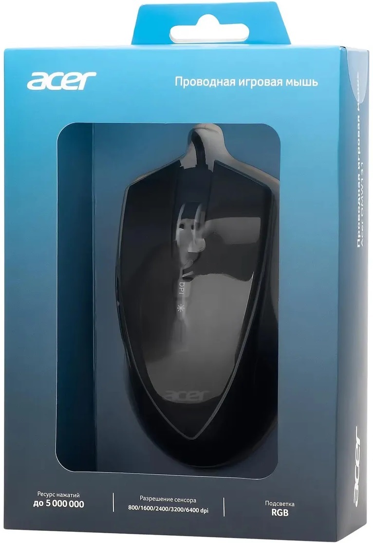 Мышь Acer OMW131 (USB, optical, 6400dpi, игровая, RGB подсветка, soft-touch, 1.5m, black)