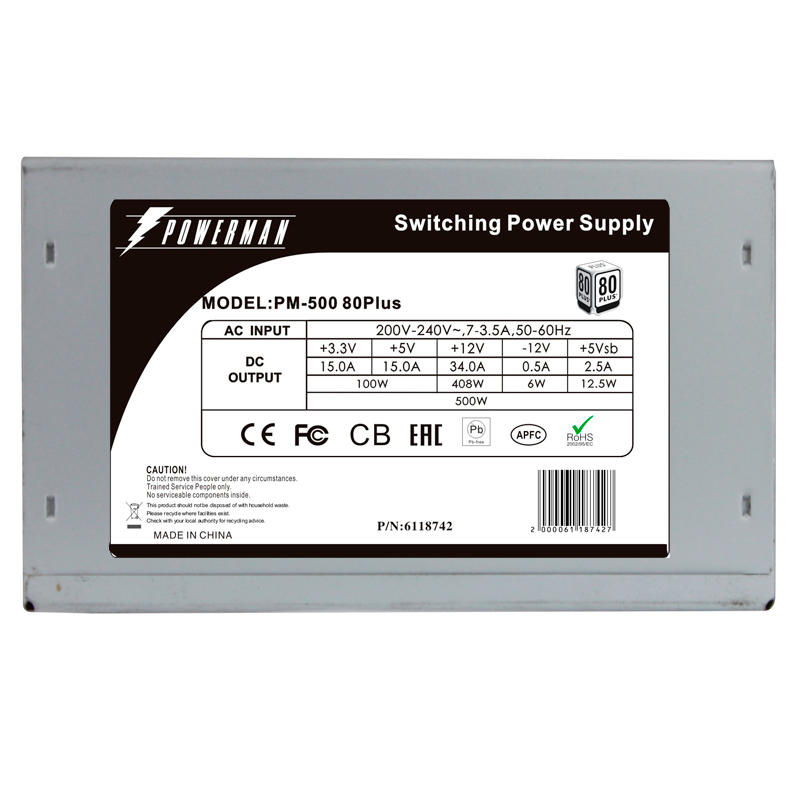 Блок питания Inwin Powerman 500W (PM-500-80Plus, 80+, 120mm, 20+4+4+4pin, 2*PCI-E 6pin, 5*SATA, 3*HDD) OEM