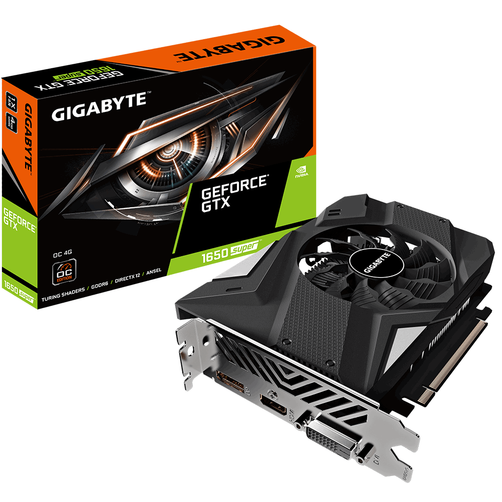Видеокарта Gigabyte GF GTX1650 Super 4Gb (GV-N165SOC-4GD, 128bit, GDDR6, HDMI+DP+DVI) RTL