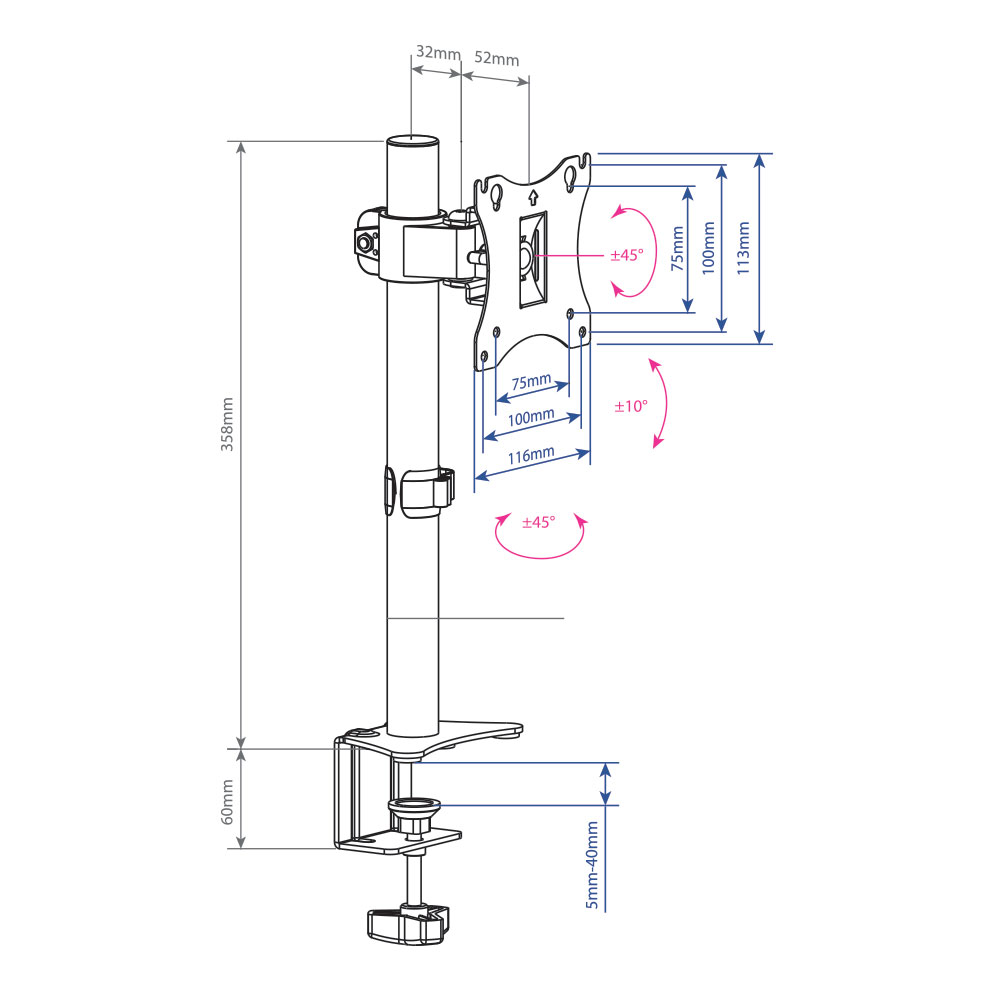Кронштейн для мониторов настольный Arm Media LCD-T01 (15"-32", VESA 75x75-100x100, до 7кг, наклон: +-10°, поворот: 90°, black)