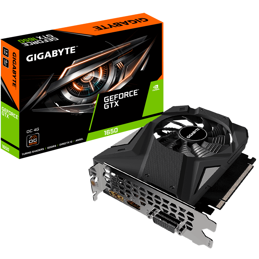 Видеокарта Gigabyte GF GTX1650 4Gb (GV-N1656OC-4GD, 128bit, GDDR6, DVI+HDMI+DP) RTL