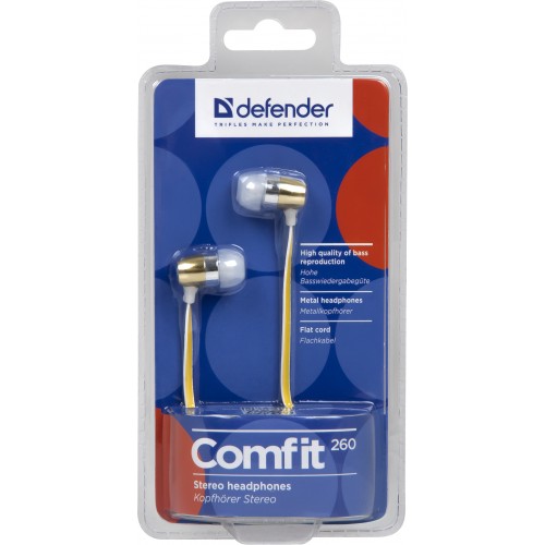 Наушники Defender Comfit-260 (затычки, без микрофона, 1.1m, металлический корпус, yellow)