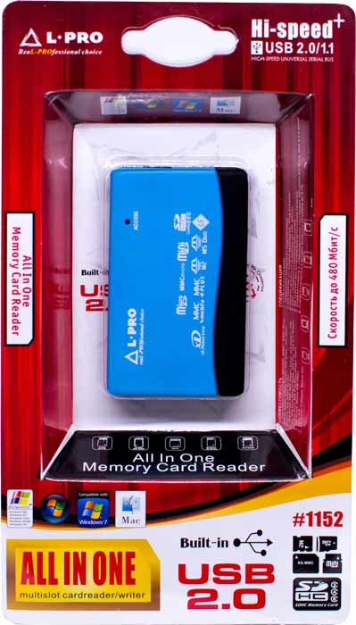 Карт-ридер L-PRO #1152 (microSD, SDHC, M2, MMC, MS, CF, XD, MS Duo, RS-MMC, blue, USB2.0)