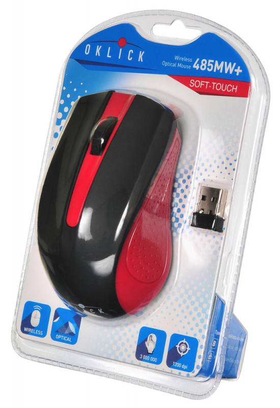 Мышь беспроводная Oklick 485MW+ (optical, 1200dpi, 2xAAA, soft-touch, black-red)