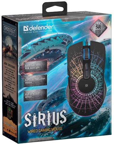 Мышь Defender Sirius GM-660L (USB, optical, 3200dpi, игровая, RGB подсветка, промо-код "Crossout", 1.5m, black)