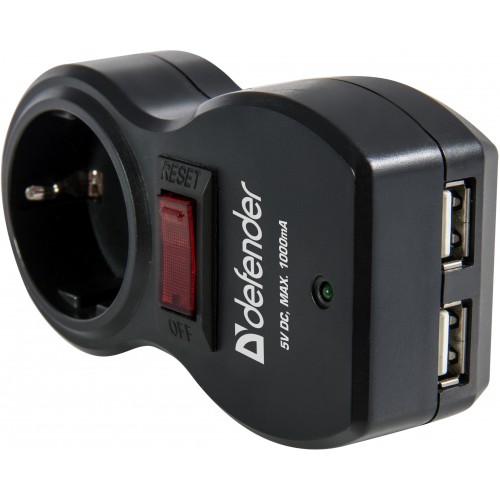 Сетевой фильтр DEFENDER Voyage 100 (1 розетка, 2 USB порта 1000mA, black) RTL