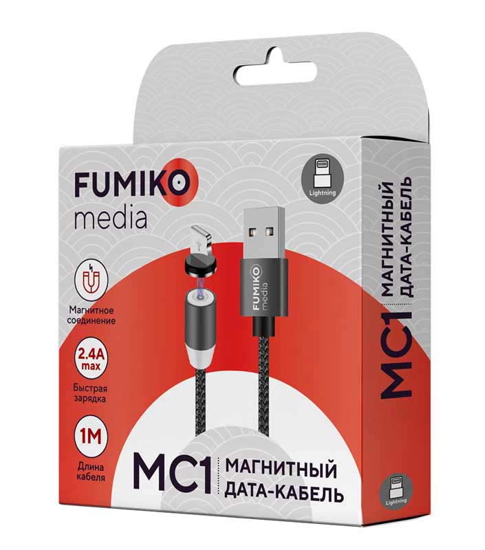 Кабель USB 2.0 Am - Lightning 1.0m (FMC-01GREYL, 2.4A, быстрая зарядка, нейлоновая оплётка, магнитный, grey) FUMIKO