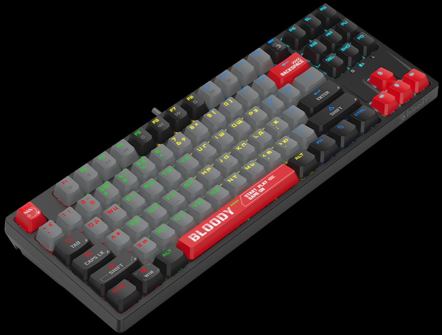Клавиатура A4Tech Bloody S87 (USB, механическая, RED Switch, поддержка ПО Bloody KeyDominator (для создания макросов, профилей, полной настройки RGB подсветки), игровая, мультимедийная, Anti-Ghosting, 1.8m, energy red)