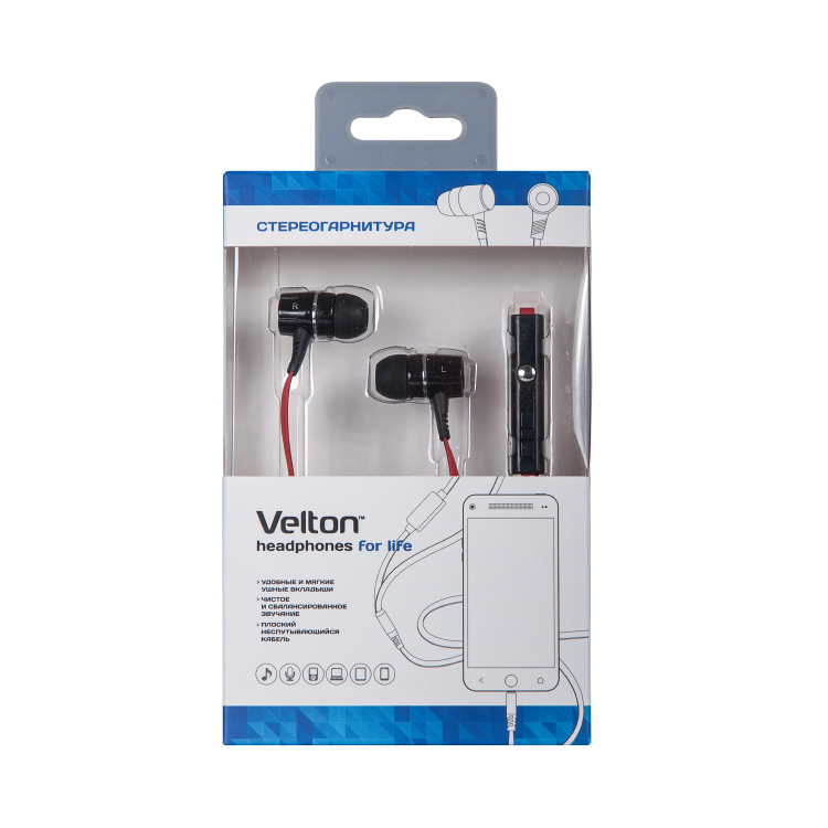 Наушники Velton VLT-EH350L (затычки, для мобильных устройств, с микрофоном, 1.2m, black)