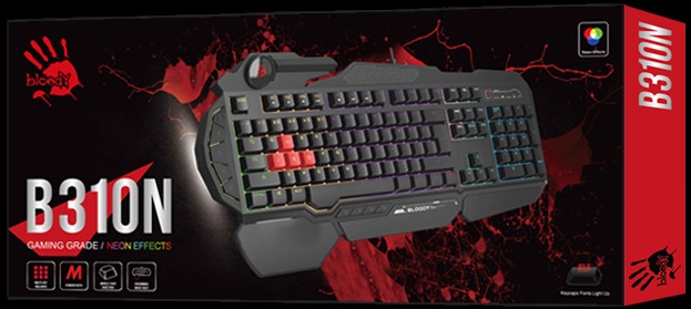 Клавиатура A4Tech Bloody B310N (USB, поддержка ПО Bloody KeyDominator (для создания макросов, профилей, полной настройки RGB подсветки), игровая, мультимедийная, Anti-Ghosting, 1.8m, black)