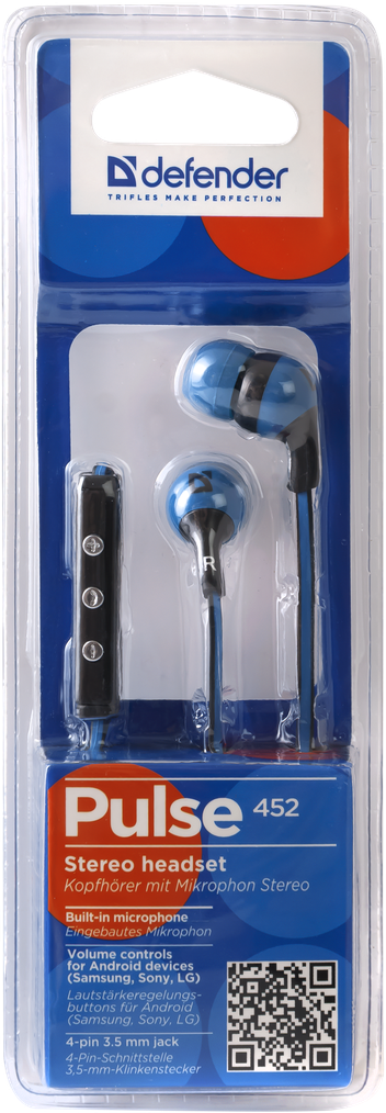 Наушники Defender Pulse 452 (затычки, для мобильных устройств, с микрофоном, 1.2m, black-blue)