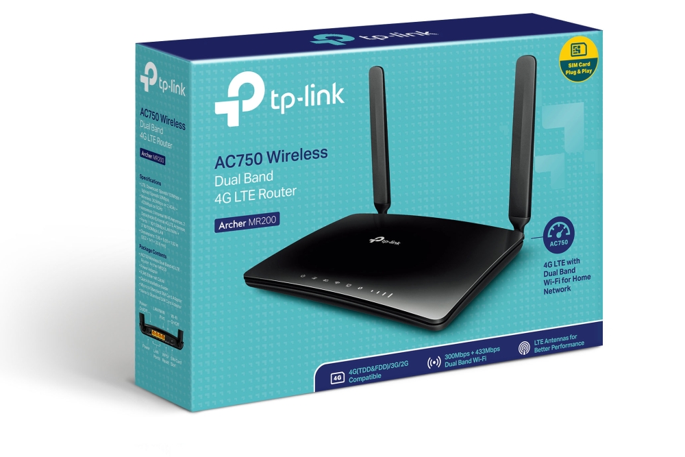 Роутер TP-LINK Archer MR200 (733Mbps, 2.4/5GHz, 4 ports, 100Mbps, 2 внешние съёмные антенны, 4G/LTE, Micro SIM, black)