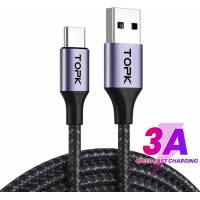 Кабель USB 2.0 Am - Type-C 2.0m (3A, быстрая зарядка, нейлоновая оплётка, QC3.0, black-purple) TOPK