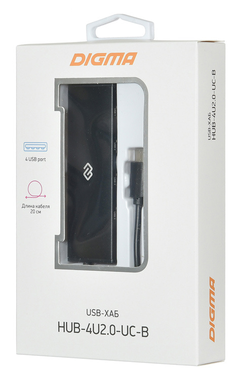 USB 2.0 HUB Digma HUB-4U2.0-UC-B (Type-C, 4 порта, активный, 0.2m, black)