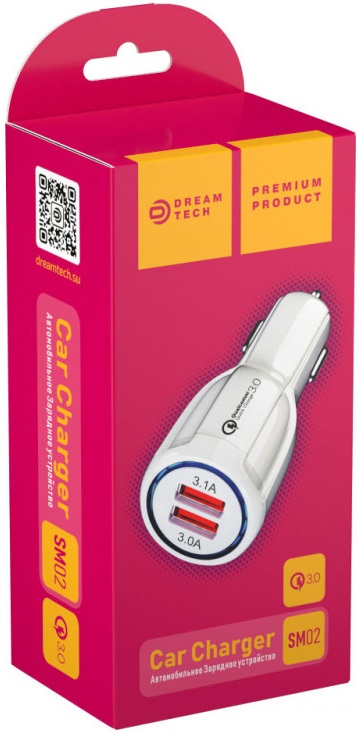 Зарядное устройство от прикуривателя Dream SM02 (12/24V - 2xUSB, 5V/3.1A, 9V/2A, 12V/1.5A, QC3.0, white)