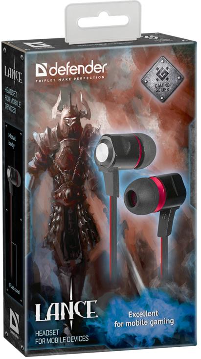 Гарнитура Defender LANCE (затычки, с микрофоном, 1.2m, black-red)