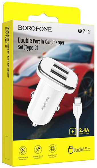 Зарядное устройство от прикуривателя Borofone BZ12 (12/240V - USB, 2 USB разъёма, 2.4А max, кабель Type-C 1m, white)