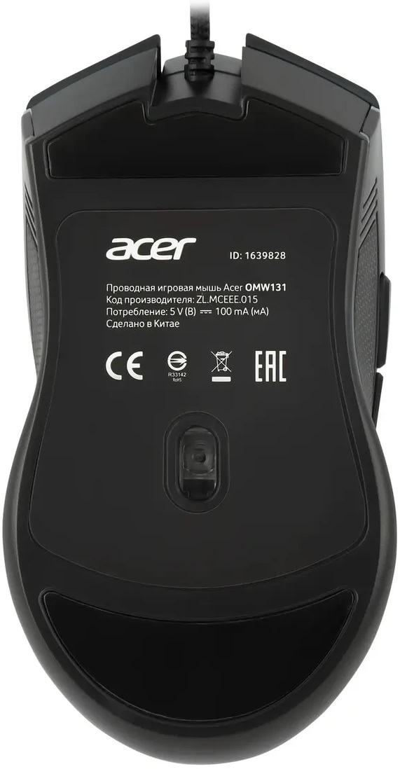 Мышь Acer OMW131 (USB, optical, 6400dpi, игровая, RGB подсветка, soft-touch, 1.5m, black)