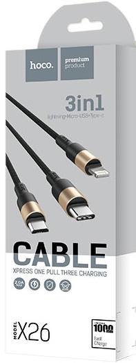 Кабель USB 2.0 Am - Lightning + micro USB + Type-C 1.0m (X26 Xpress, 2A, нейлоновая оплётка, black-gold) hoco