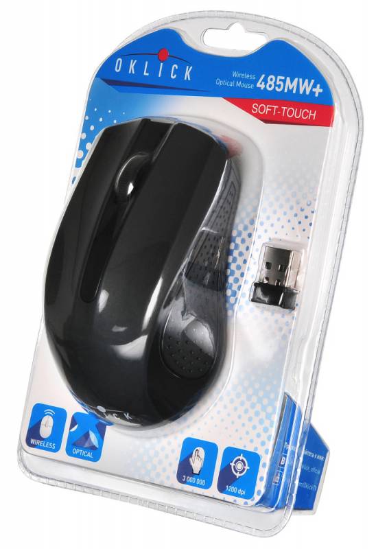 Мышь беспроводная Oklick 485MW+ (optical, 1200dpi, 2xAAA, soft-touch, black)