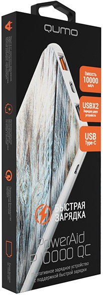 Внешний аккумулятор QUMO PowerAid P10000 QC (литий-полимерный, 10000mAh, 2*USB 3A, вход 3А, QC3.0, 18W, wooden)