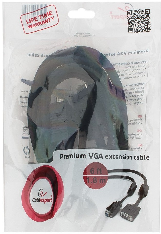 Кабель SVGA Pro 15m/15f 1.8m (CC-PPVGAX-6B, удлинительный, 2 ферритовых фильтра, black) Cablexpert