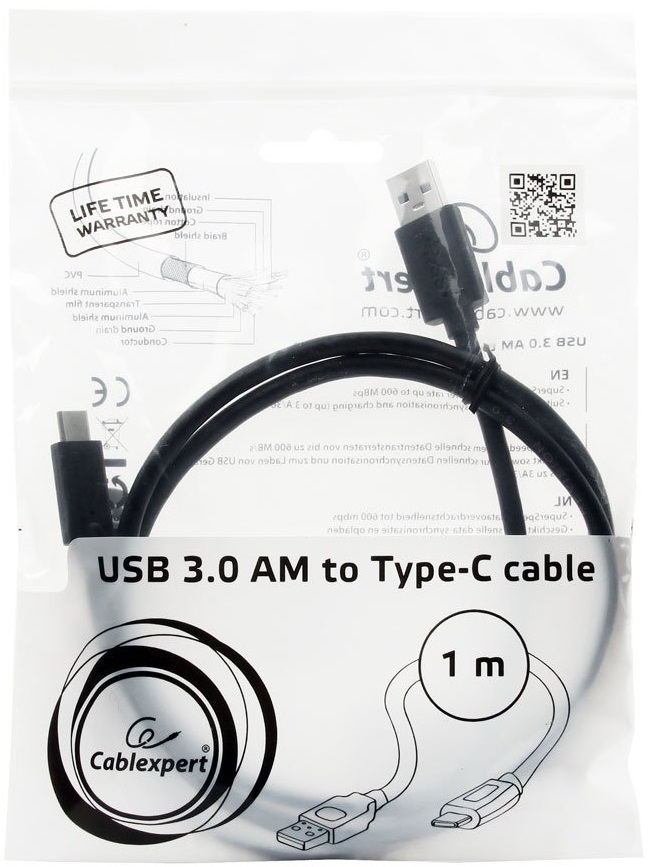 Кабель USB 3.0 Am - USB3.0 Type-C 1.0m (CCP-USB3-AMCM-1M, 3A, 36W, быстрая зарядка, QC3.0, двойное экранирование, black) Cablexper