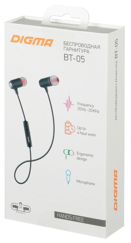 Гарнитура Digma BT-05 (затычки, беспроводная, Bluetooth 4.2, с микрофоном, до 4 часов работы от батареи, black-red)