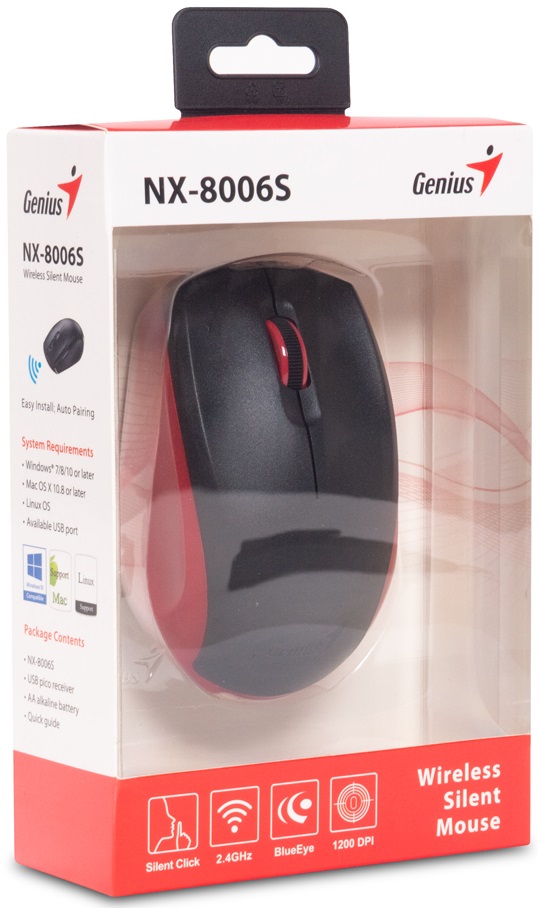 Мышь беспроводная Genius NX-8006S (optical, 1200dpi, AA, бесшумный клик, black-red)