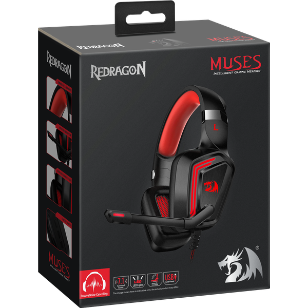 Наушники Redragon MUSES (полноразмерные закрытые, подключение по USB, c микрофоном, игровые, 2.2m, black-red)