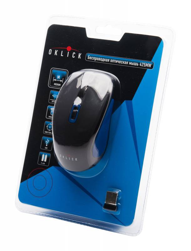 Мышь беспроводная Oklick 425MW (optical, 1600dpi, 2xAA, black-blue)