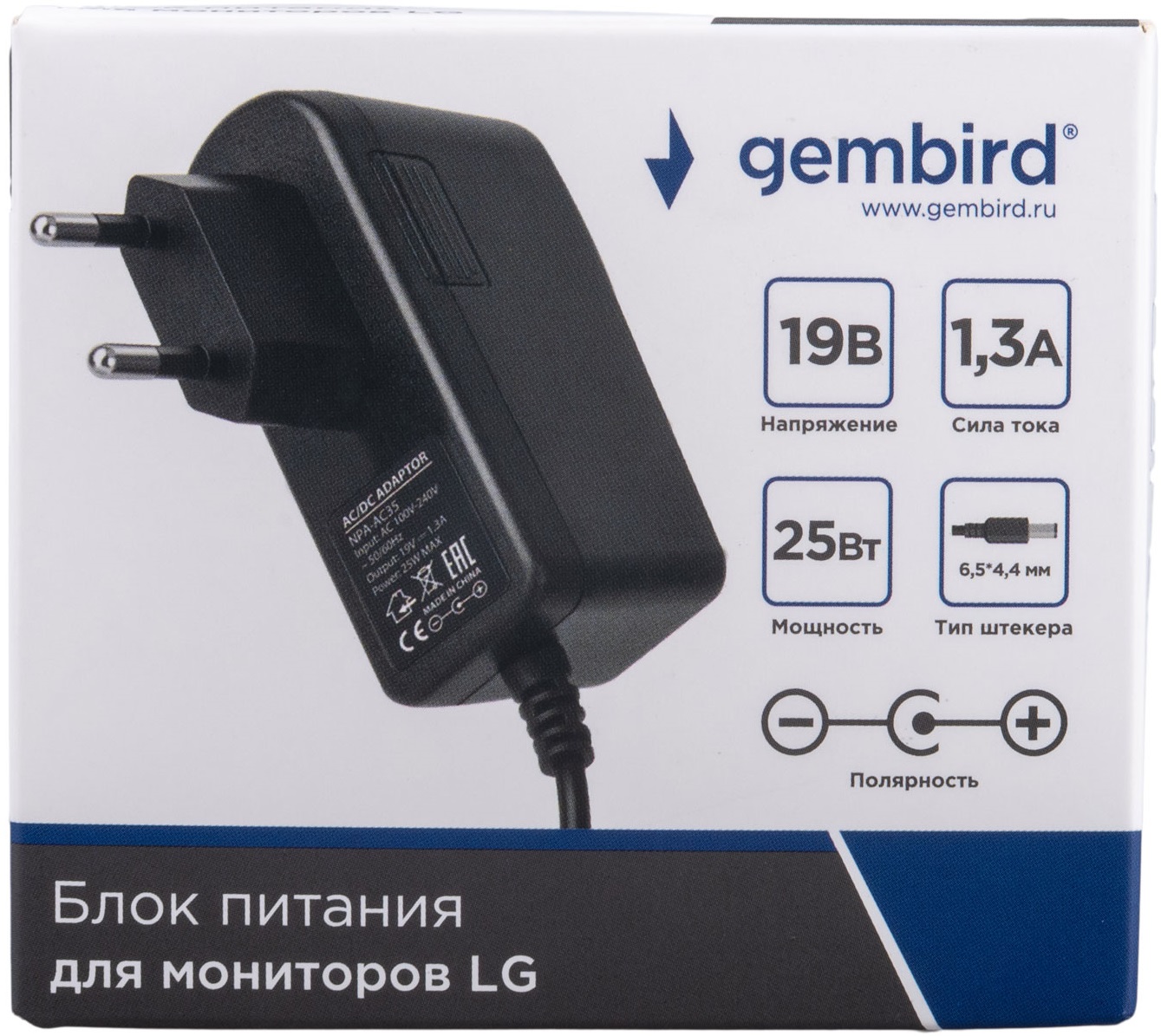 Блок питания для мониторов LG Gembird NPA-AC35 (вход 100-240V, выход 19V, 1.3A, 25W, 1 штекер 6.5х4.4mm, кабель 1.5m, black)