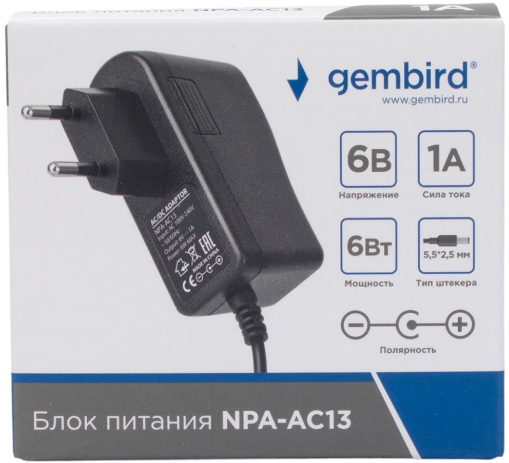 Блок питания Gembird NPA-AC13 (вход 100-240V, выход 6V - 1A, 6W, штекер 5.5х2.5mm, black)