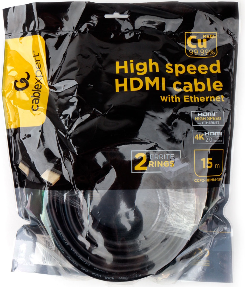 Кабель HDMI (m) - HDMI (m) 15.0m (CCF2-HDMI4-15M, 4K, ver.2.0, медь, 2 ферритовых фильтра, с позолоченными контактами, экранированный, black) Cablexpert