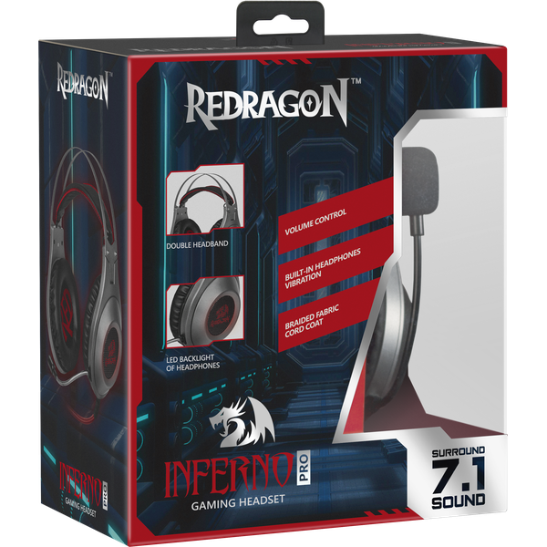 Наушники Redragon INFERNO PRO (полноразмерные закрытые, подключение по USB, c микрофоном, игровые, виртуальный объёмный звук 7.1, 2m, silver)
