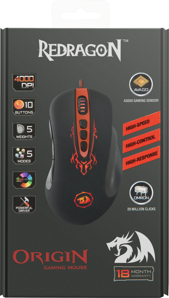 Мышь Redragon ORIGIN (USB, optical, 4000dpi, игровая, black-red)