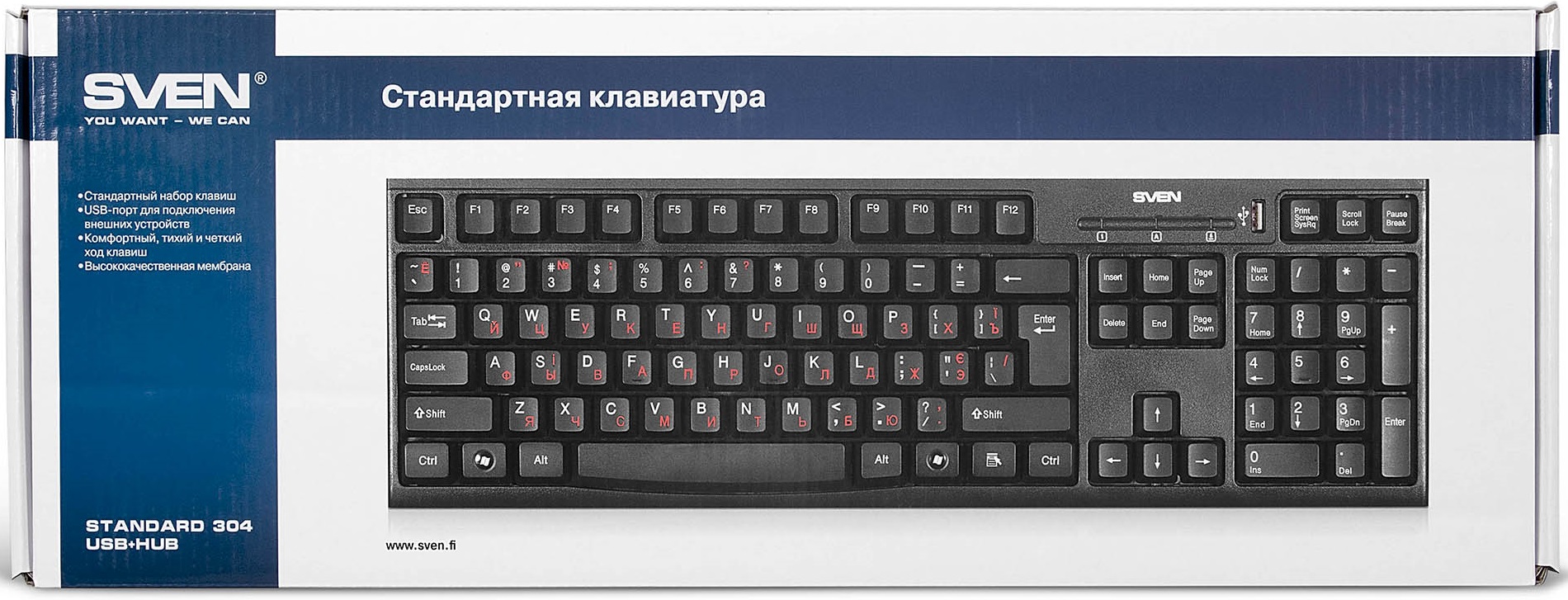 Клавиатура Sven Standard 304 USB+HUB (USB, USB 2.0 HUB 1 порт, black)