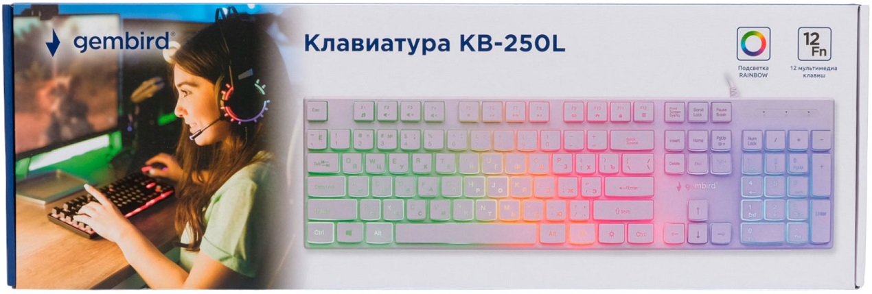 Клавиатура Gembird KB-250L-W (USB, радужная подсветка, мультимедийная, 1.5m, white)