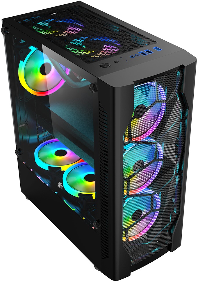 Корпус 1STPLAYER DK-D4 (D4-BK-4G6) (без БП, ATX, USB3.0, 4x rainbow LED Fan, black)