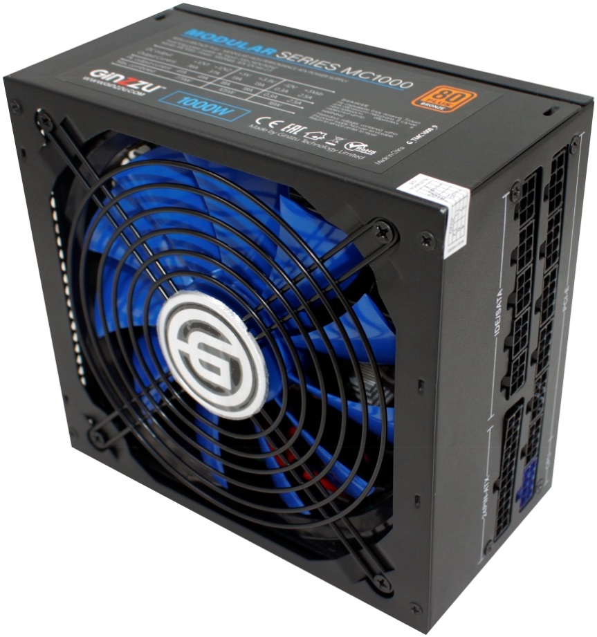 Блок питания GINZZU 1000W (MC1000, 80+ Bronze, 140mm, 20+4+4+4pin, 6*PCI-E 6+2pin, 9*SATA, 5*HDD, Modular) RTL