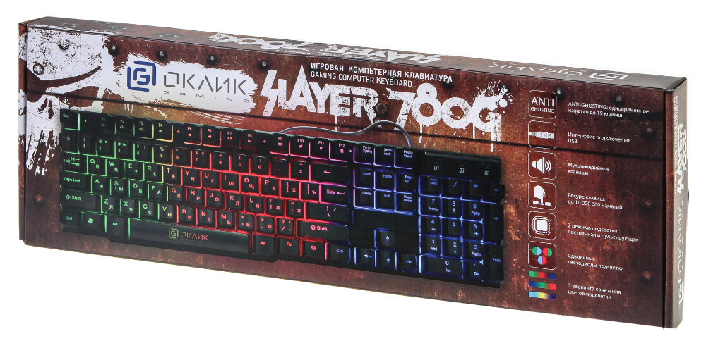 Клавиатура Oklick 780G Slayer (USB, игровая, с трёхцветной регулируемой подсветкой, мультимедийная, black)
