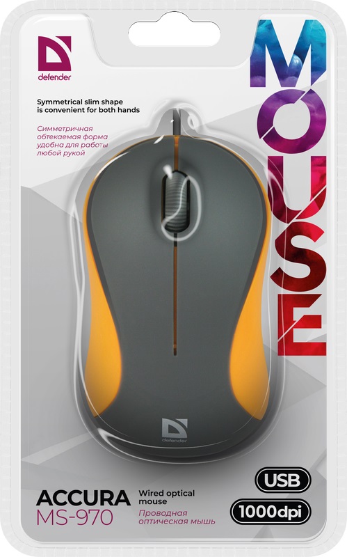 Мышь Defender Accura MS-970 (USB, optical, 1000dpi, soft-touch, 1.5m, grey-yellow)