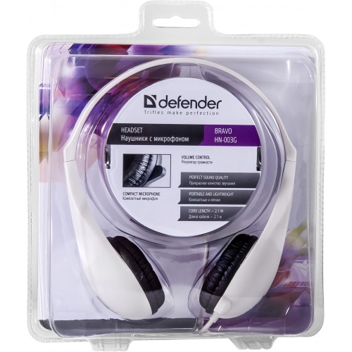 Наушники Defender Bravo HN-003G (накладные закрытые, с микрофоном, 2.1m, регулятор, white)
