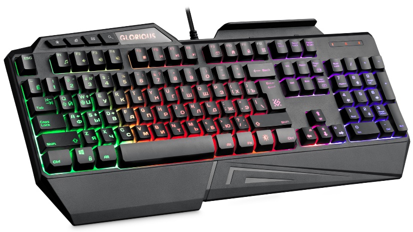 Клавиатура Defender Glorious GK-310L (USB, регулируемая подсветка, игровая, влагоустойчивая, мультимедийная, промо-код "Crossout", black)