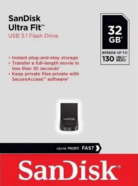 Флеш накопитель USB 3.1 32Gb SanDisk Ultra Fit (SDCZ430-032G-G46, 130Mb/s, black)