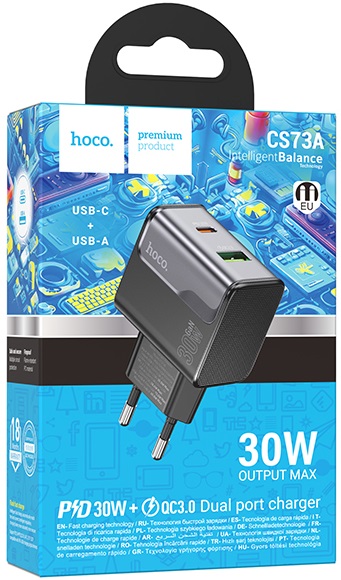 Адаптер питания hoco CS73A Star Speed (100/240V - USB, USB Type-C, 3А, 30W, быстрая зарядка, QC3.0, PD, GaN, black)