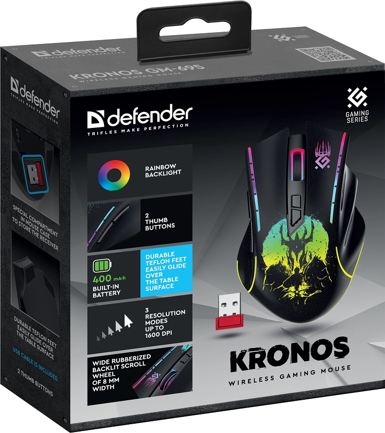 Мышь беспроводная Defender Kronos GM-695 (optical, 1600dpi, аккумулятор 400mAh, игровая, подсветка, soft-touch, black)